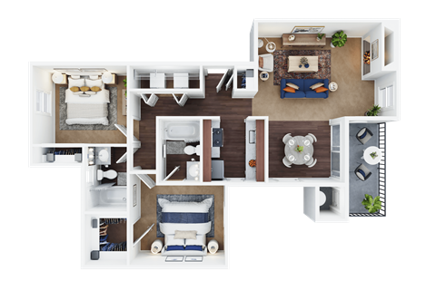 A top-down view of a house layout with two bedrooms, a living room, a kitchen, and a bathroom.